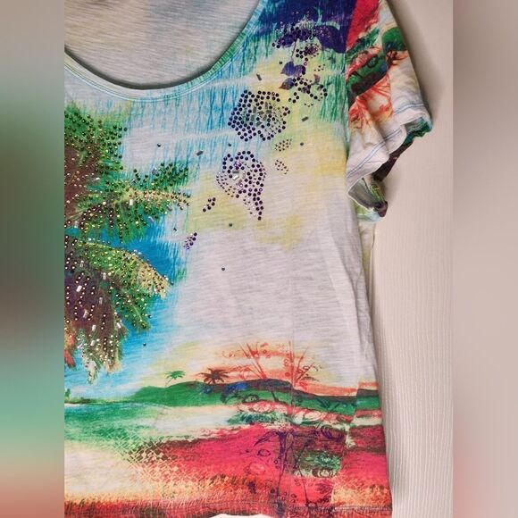 Thomas&Olivia XL Multicolored Beach Print Shrtsl Beaded 100% Cotton Women’s Top - Picture 5 of 10